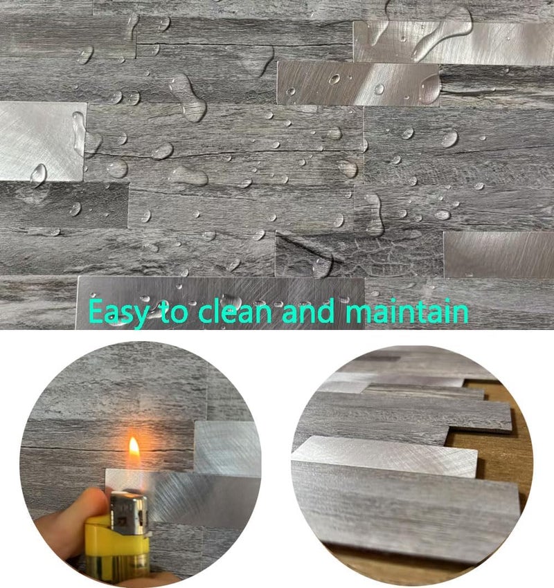 weimeisc 10 Sheets Backsplash Tile for Kitchen Peel and Stick, Self-Adhesive Waterproof, Metal Backsplash Subway Tile, Stick on Tiles Kitchen Bathroom (Light Grey Wood Grain+Frosted Silver) - Image 3